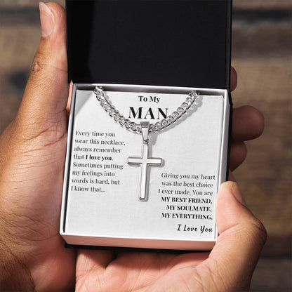 To My Man - I Love You - Cross Necklace On Cuban Chain